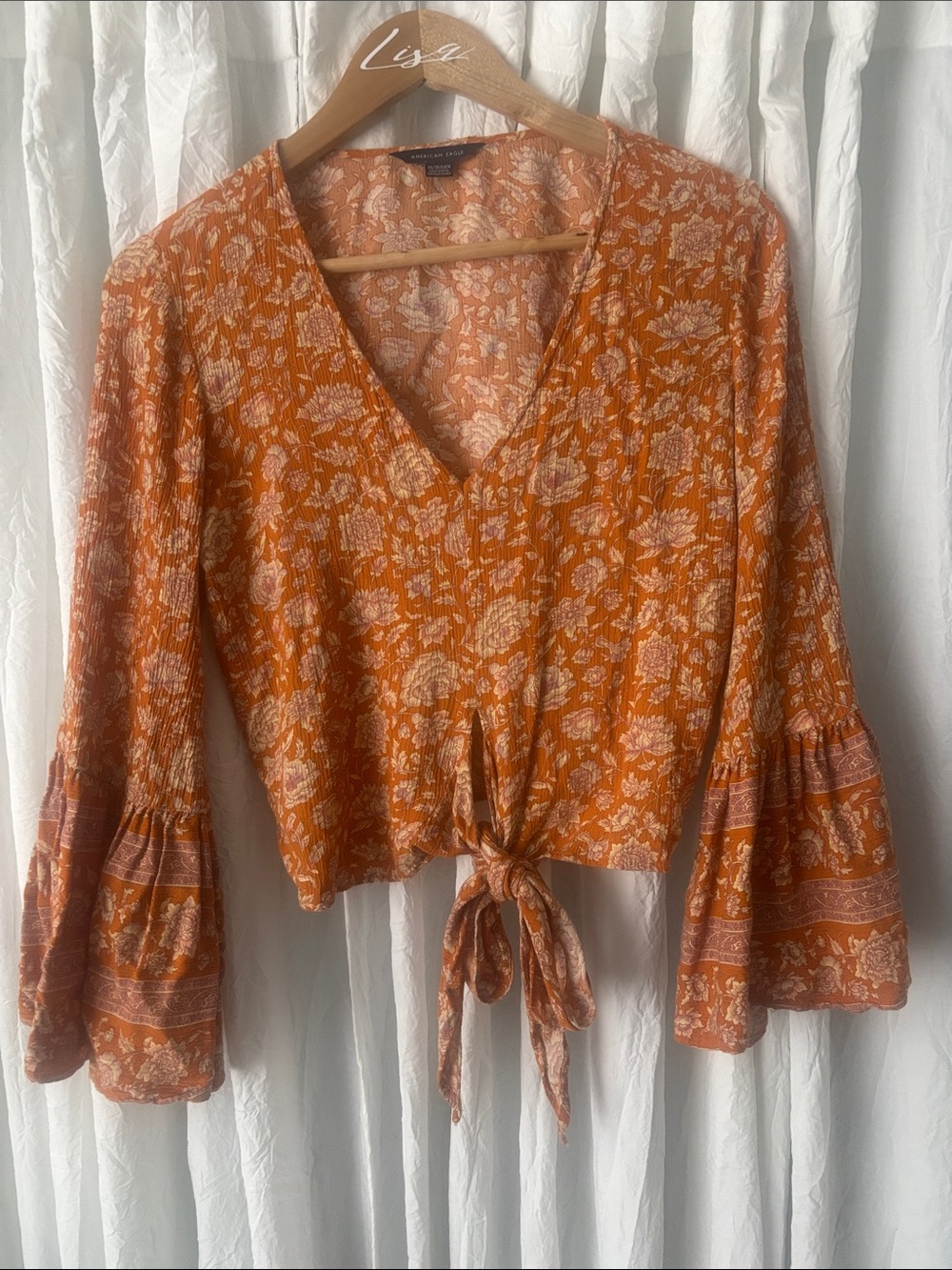 American Eagle Outfitters Orange Floral Tie-Front Bell Sleeve Top